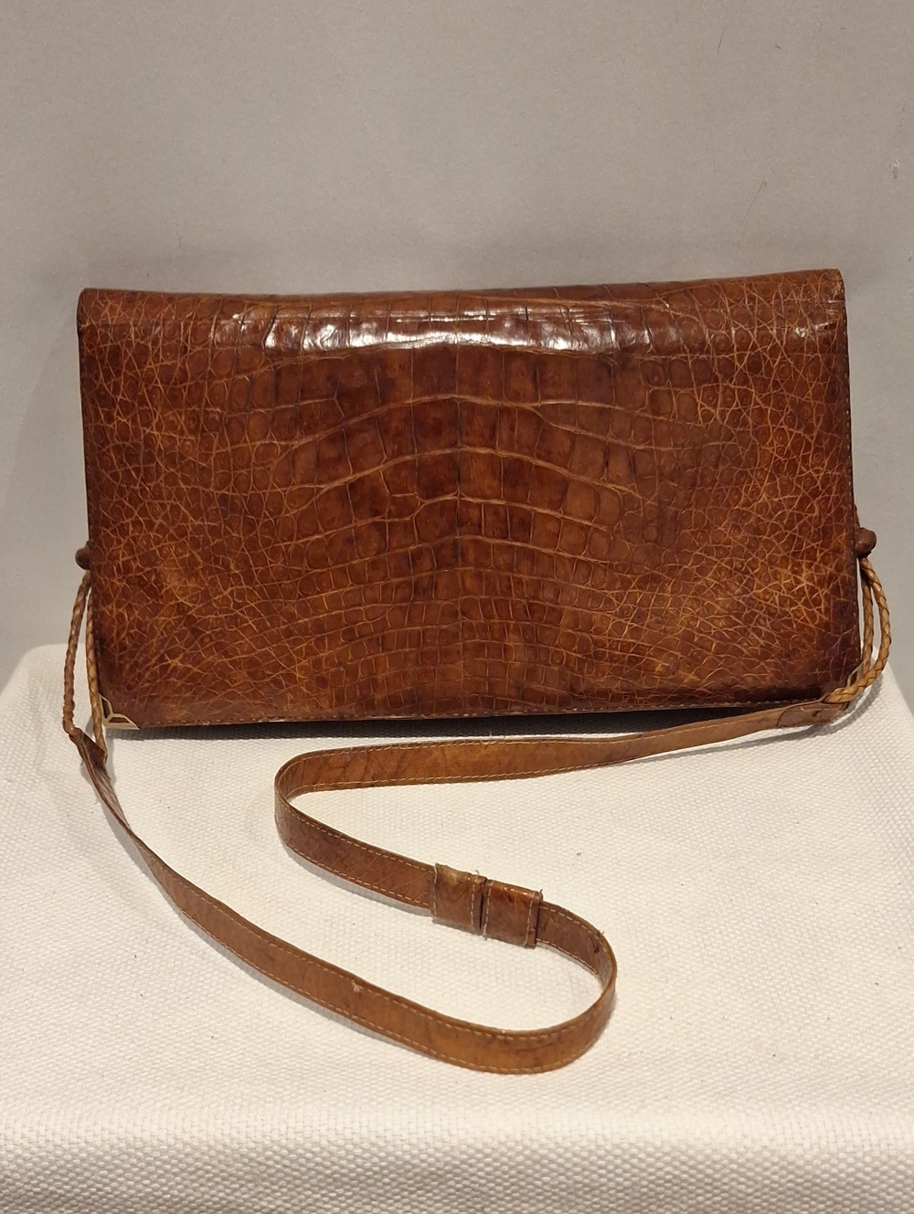 Croc/ Embossed Brown Leather Crossbody Clutch